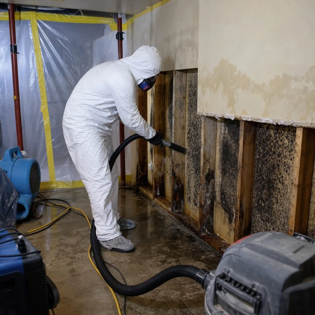 Technician in protective gear performing professional mold remediation on wall studs