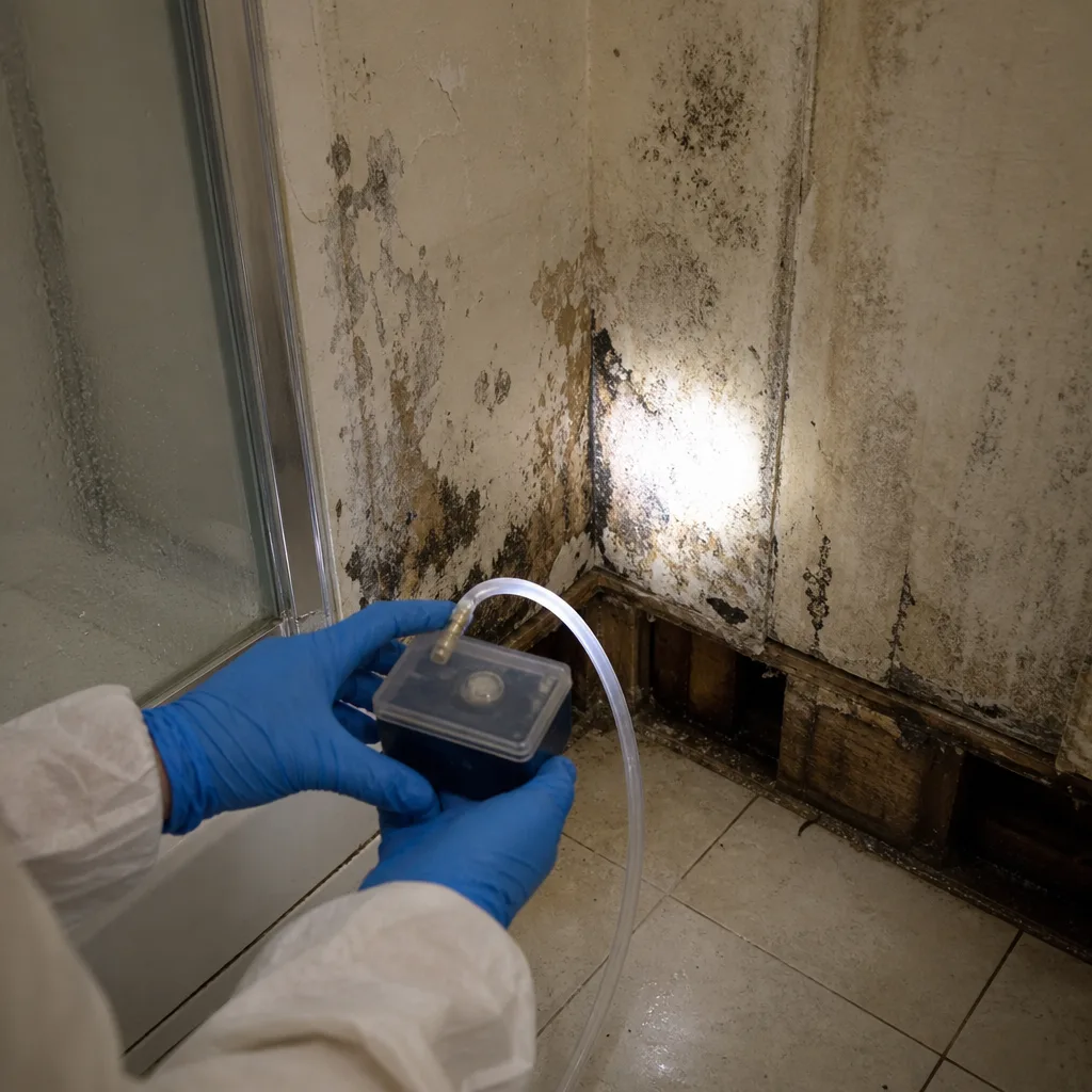 Technician performing professional mold air quality testing in a damaged room
