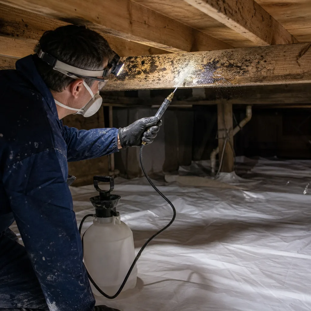Professional technician performing mold remediation treatment on wooden crawlspace joists