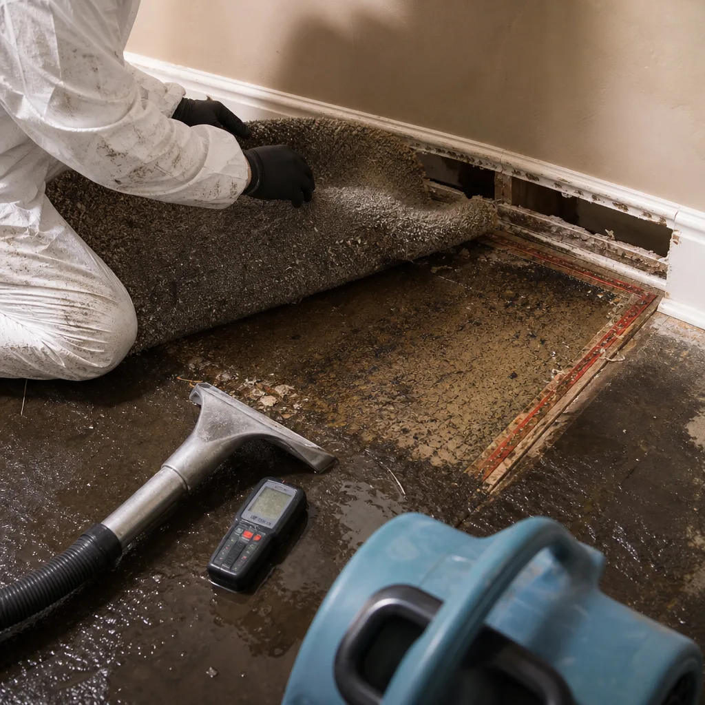 Technician performing professional water damage restoration on residential flooring