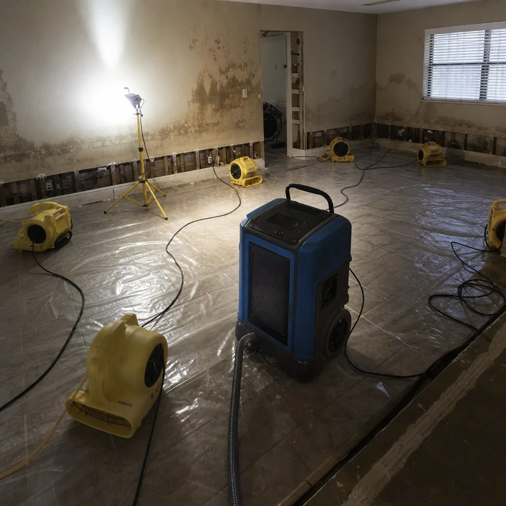 Industrial water damage restoration equipment drying out a flooded home interior