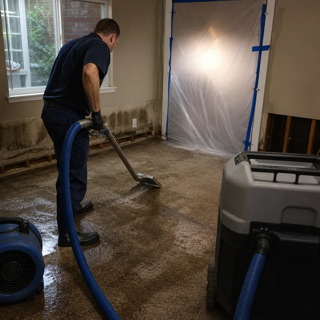 Technician performing water damage restoration with extraction equipment on flooded carpet